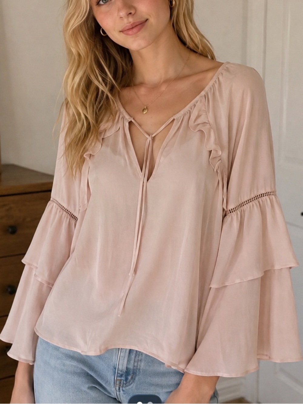 Parker Blush Pink Ruffle Bell Sleeve Silk Peasant Blouse Medium 39635